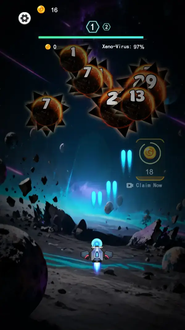 Ace Strike — A run in progress: cyan bolts rising into a cluster of burning planets numbered 1, 2, 7, 13 and 79, with the header reading "Xeno-Virus: 97%".