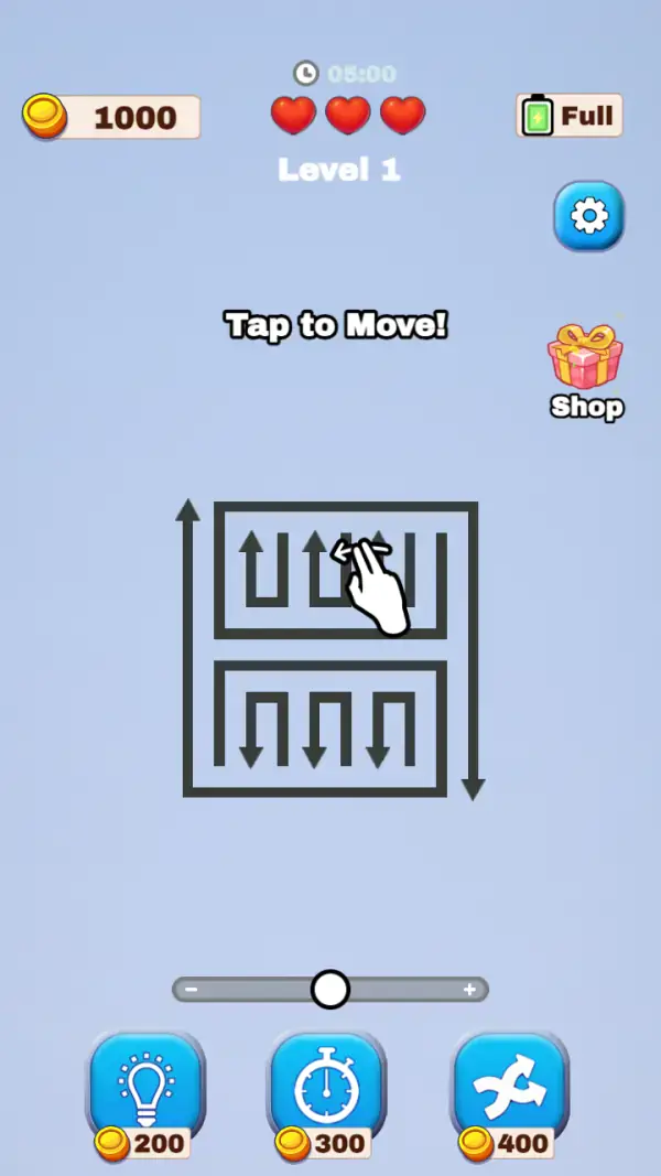 Arrow Maze Solve — The untouched Level 1: the hand and the caption "Tap to Move!" over the top row of arrows, the clock at 05:00, three red hearts, the battery pill reading "Full", the coin balance at 1000, the zoom slider and the 200 / 300 / 400 tools.