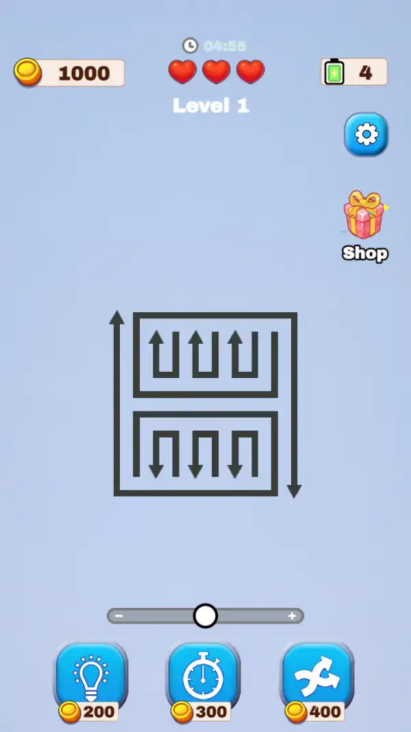 Arrow Maze Solve — The same board with the tutorial gone — 04:55 on the clock and the battery pill now showing 4 instead of "Full".