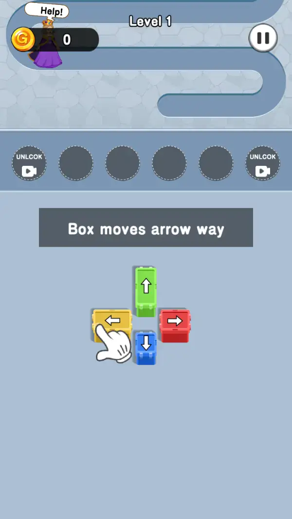 Block Puzzle: Save Girl — Level 1 before anything moves: the grey road folded over a hexagonal stone wall, the girl in a purple gown under a "Help!" bubble at its left end, the six-slot tray with both outer slots labelled "UNLCOK" over a video icon, and the four arrow blocks in a cross under the caption "Box moves arrow way".