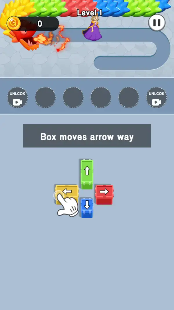 Block Puzzle: Save Girl — The same level a moment later with the dragon's mouth open and a tongue of fire coming out of it, and the tray still empty.