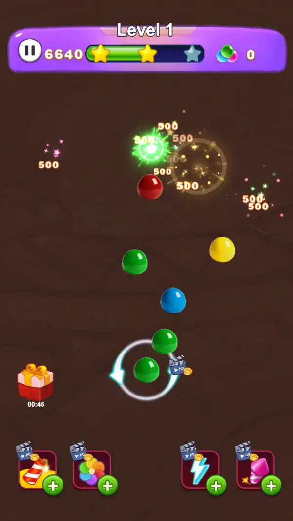 Bubble Safari — A burst in progress — bubbles falling, eight value popups each reading 500, score at 6640 and two of the three stars turned gold over the green fill bar.