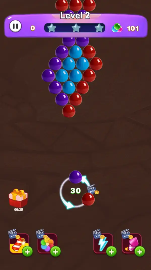 Bubble Safari — Level 2 with a different colour mix (purple, blue, red), a fresh score of 0, a bubble counter of 101 and 30 in the reticle.