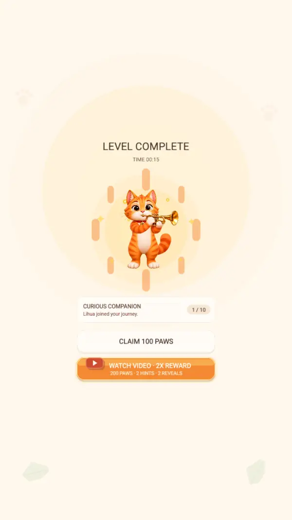 LihuaDoku: Cat Logic Puzzle — The clear screen: "LEVEL COMPLETE" over "TIME 00:15" and the tabby sounding a trumpet inside a burst of rings, a "CURIOUS COMPANION — Lihua joined your journey. 1 / 10" card, "CLAIM 100 PAWS", and the orange "WATCH VIDEO · 2X REWARD — 200 PAWS · 2 HINTS · 2 REVEALS" button under it.