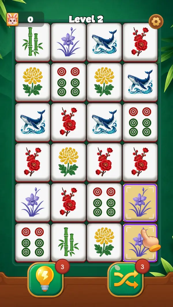 Mahjong Valley — Level 2 dealt full: four columns by six rows, the rabbit badge at 0 top-left and a gear top-right, a gold-highlighted vertical pair in the right-hand column, and the bulb and shuffle buttons on the shelf below each wearing a red "3".