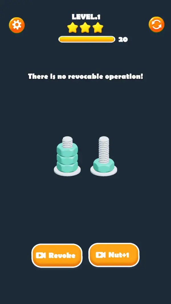 Puzzle Hex — The game confirming its own undo: the toast "There is no revocable operation!" after Revoke was pressed with an empty history. The board and the 20 are unchanged.