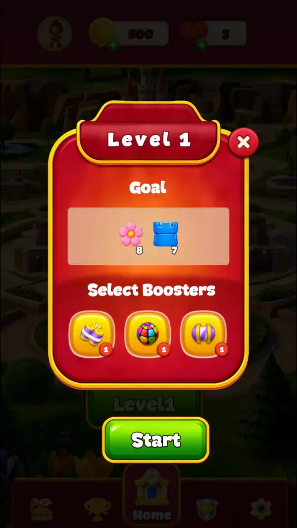 Royal Matcher — The pre-level panel: a "Level 1" banner with a round X, "Goal" over a flower marked 8 and a castle marked 7, the "Select Boosters" row of three yellow buttons each badged 1, and the green "Start" button.