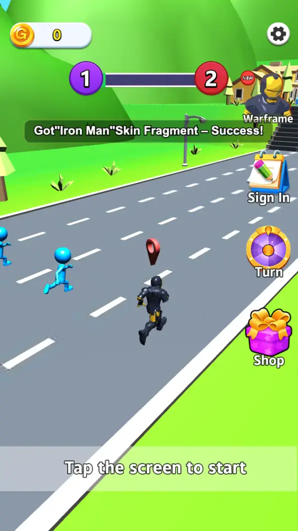 Shift Dash Reac — The same screen a moment later: the toast "Got Iron Man Skin Fragment – Success!" across the road and a dark armoured runner now running in the middle lane, with the menu column unchanged.