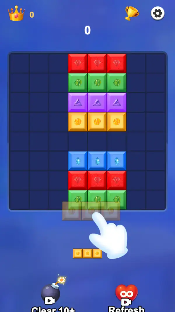 Smash Blocks — The opening board: a nine-by-nine grid with the centre three columns stacked red, green, purple and orange, two empty rows, then blue, red and green — and the tutorial hand pointing at the translucent three-cell tray strip with a faint orange coin in each cell.