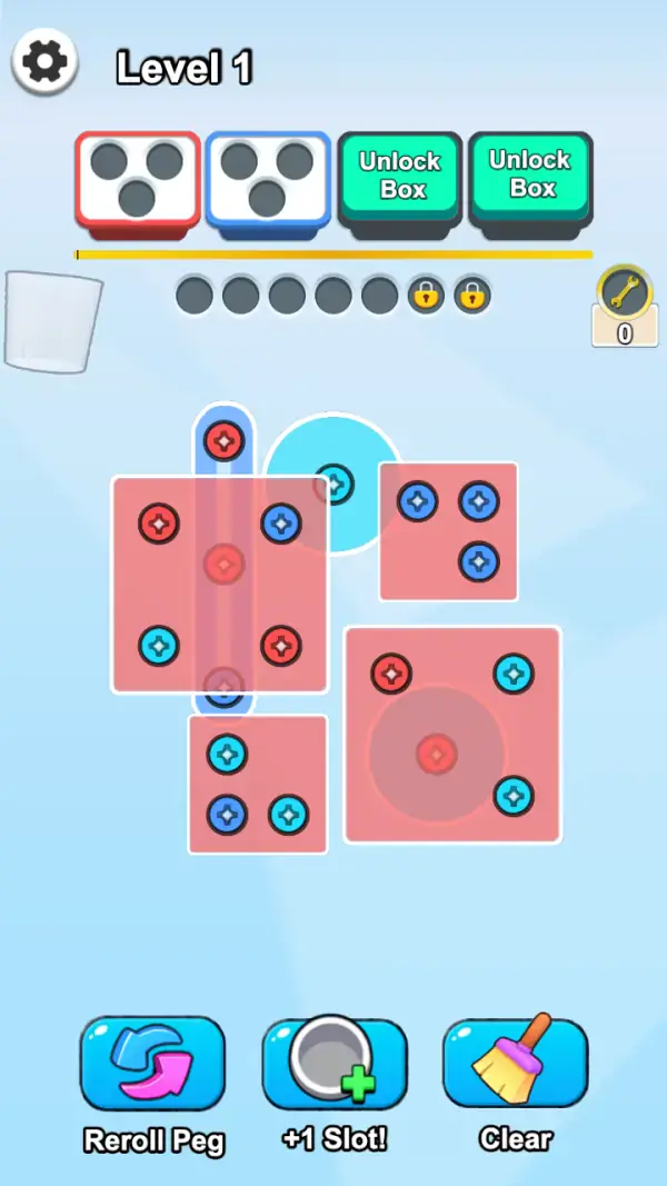 Spin Screw Jam — Level 1: red and blue boxes with three holes each, two "Unlock Box" buttons, a seven-circle buffer rail with two padlocked slots, and the tools Reroll Peg / +1 Slot! / Clear.