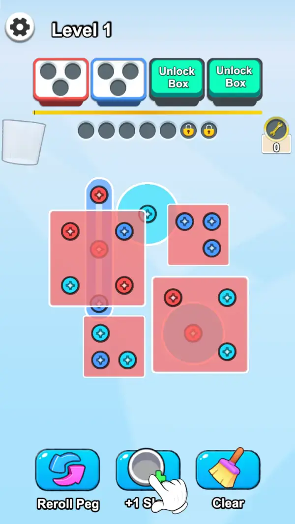 Spin Screw Jam — The same board with the tutorial hand on "+1 Slot!" — the buffer rail is the thing the game points you at first.