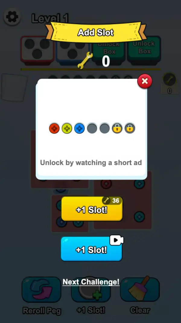 Spin Screw Jam — The "Add Slot" panel: the seven rail positions with three screws already on them, "Unlock by watching a short ad", and the two upgrade buttons — one badged 36 wrenches, one taking a video.