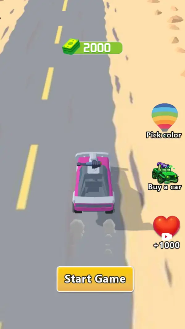 Tank Era — The home screen: a pink and white pickup with a roof turret seen from above, driving toward the top of the frame down a desert road, cash at 2000, and the menu down the right edge — "Pick color", "Buy a car", and a "+1000" heart with a video icon.
