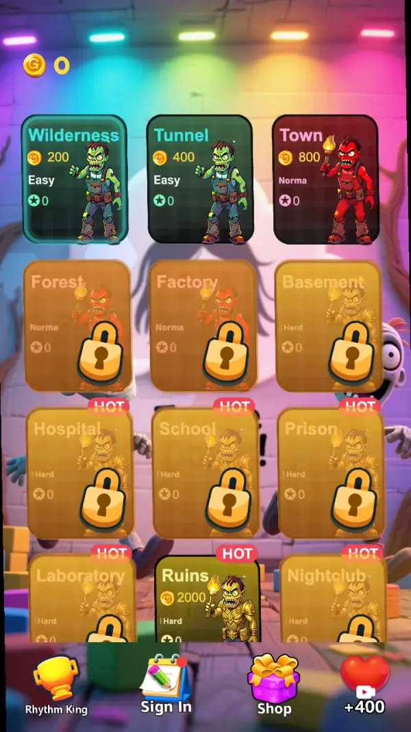 Zombie Down — The map behind it — twelve location cards, four of them priced (Wilderness 200, Tunnel 400, Town 800, Ruins 2000), eight dimmed under a padlock, nine wearing a red "HOT" tag, every card reading ★0, plus the coin counter and the bottom bar.